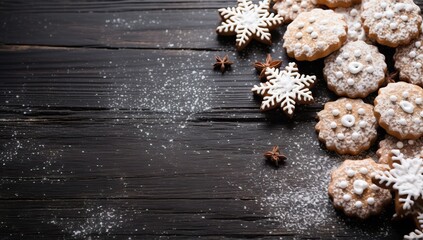 Festive Christmas Cookies on Dark Wooden Background - obrazy, fototapety, plakaty
