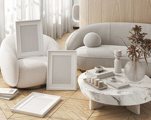 Frame mockup, ISO A paper size. Living room wall poster mockup. Interior mockup with house background. Modern interior design. 3D render
