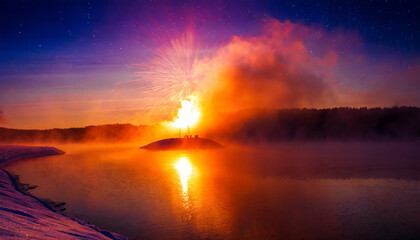 Bright sunrise in winter above lake Of Eye of the Sea, Poland