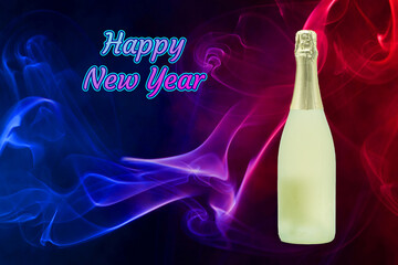 nowy rok, szampan, świętować, butelka, alkohol, uroczystość, rok, drink, pozdrowienie, szczęśliwy, projekt, tło, przyjęcie, dekoracja, przeddzień, lekki, wydarzenie, uroczysty, nowy, - obrazy, fototapety, plakaty