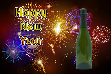 nowy rok, musujące, wino, świętować, rok, uroczystość, fajerwerki, szczęśliwy, blask, przyjęcie, fajerwerki, tło, - obrazy, fototapety, plakaty