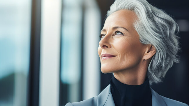 Businesswoman in blazer looking out window with optimistic expression.