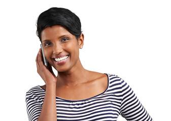 Phone call, talking and portrait of happy Indian woman for on png and transparent background. Communication, networking and isolated person on cellphone for chatting online, contact and conversation