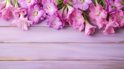  a bunch of pink flowers on a purple wooden background with space for text.  generative ai