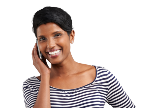 Phone call, talking and portrait of happy Indian woman for on png and transparent background. Communication, networking and isolated person on cellphone for chatting online, contact and conversation