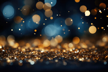 Fototapeta na wymiar Coniferous branches and blurry shiny golden lights in Christmas and New Year atmosphere (AI Generated)