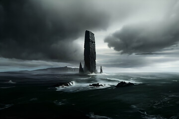 On the coast of Iceland, a giant black monolith stretches into the sky, gloomy and gray weather. - Generative AI