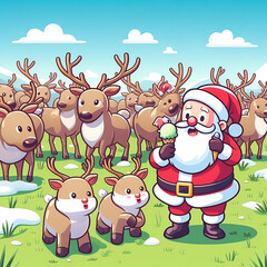 Fototapeta premium Reindeer grazing on a meadow, Santa Claus enjoying ice cream created with Generative AI 