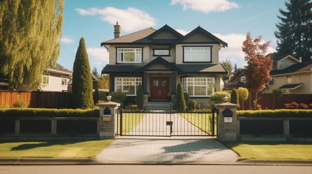 Real Estate Exterior Front House on a sunny day. Big custom made house with back yard and fence in the suburbs in Canada in summer. Street photo, nobody 8k,