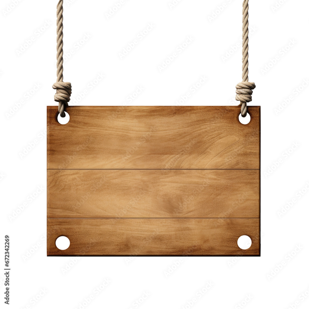 Wall mural wooden sign hanging with ropes isolated on transparent background