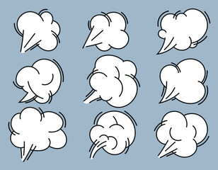 Comic cloud, air in motion Cartoon space clouds. Comics smoke illustration, line