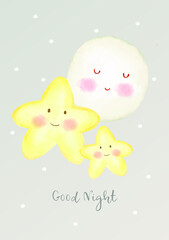 Fototapeta na wymiar Card or banner to wish a good night in gray with two yellow stars above and a white moon for children on a gray background with white dots