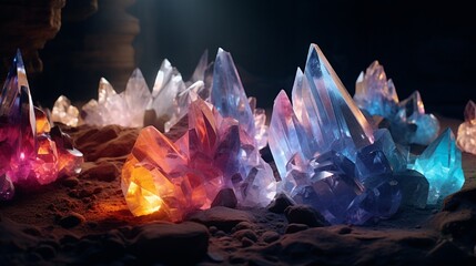 A field of resonating quartz crystals, each individual formation emitting a unique color spectrum, set against the backdrop of utter blackness.