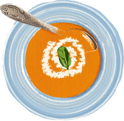 hand drawn illustration of tomato soup food dish meal in color pencil. a cute cartoon drawing of food