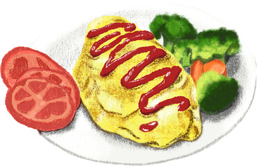 hand drawn illustration of omelette rice a japanese food dish meal in color pencil. a cute cartoon drawing of food