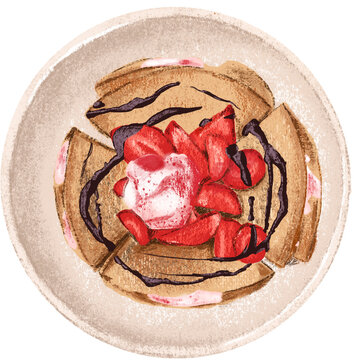 hand drawn illustration of  strawberry crepe  a dessert dish meal in color pencil. a cute cartoon drawing of food