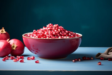 Pomegranate seeds in a bowl and scattered on the table. Generative AI