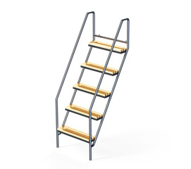 Gray and wooden stairs in empty flat, poster 3d render