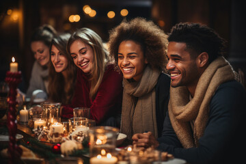 Amidst twinkling lights and laughter, a family comes together, sharing love and joy during this festive Christmas celebration (AI Generated)  - 672343252