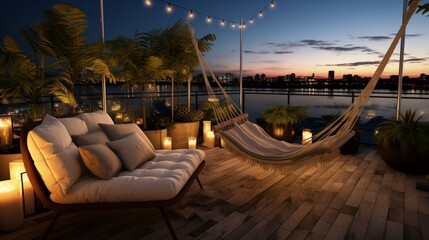 rooftop patio area with hanging swing chair and string lights at night v 8k,