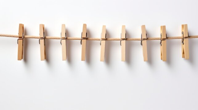 wooden clothespins on a rope. Isolated on a white background
