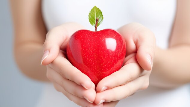 Woman holding red apple in hands, closeup. Healthy food concept