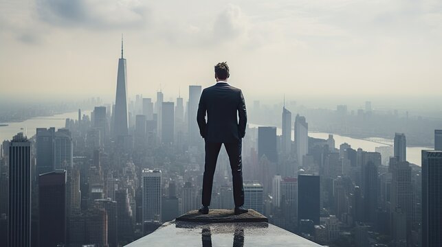 Businessman success standing on a roof and looking at city at daylight. AI generated image