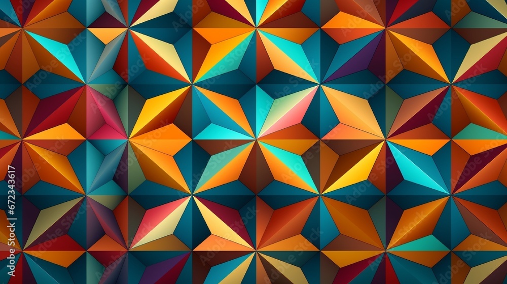 Poster a seamless pattern showcasing geometric shapes in a kaleidoscopic layout.