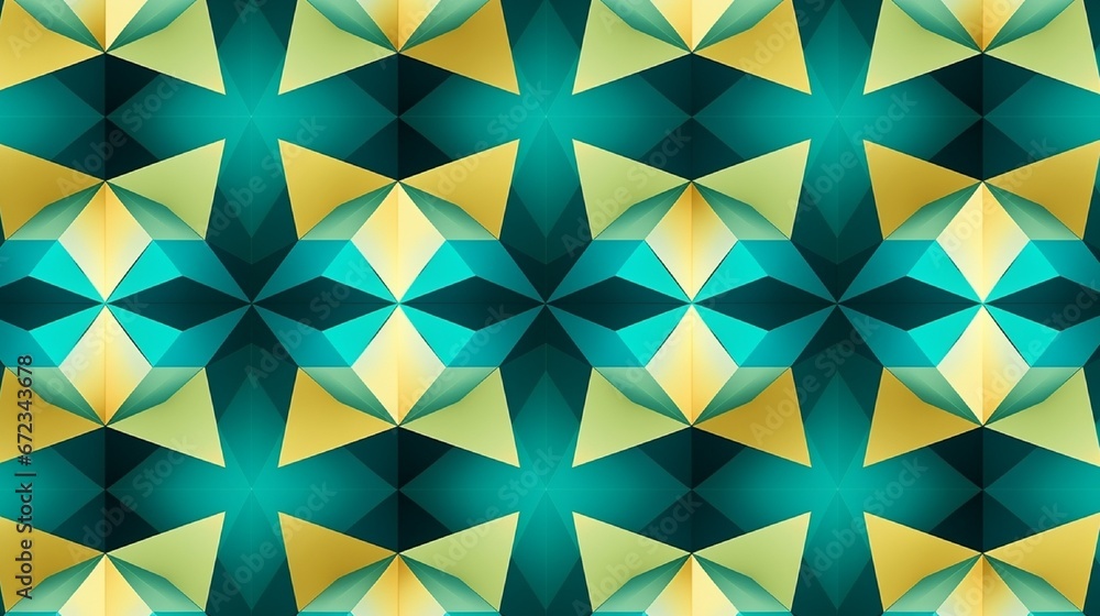 Poster a seamless pattern showcasing geometric shapes in a kaleidoscopic layout.