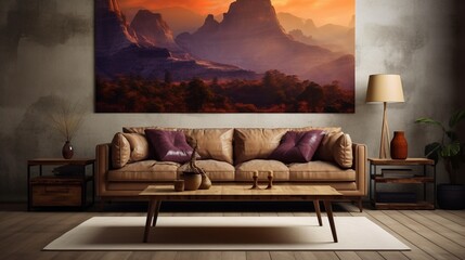 Room with extra large sofa, wooden table and photo wallpaper 8k,