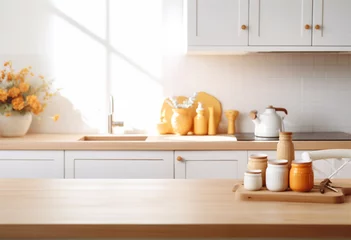 Fotobehang Kitchen wooden table top and kitchen blur background interior style scandinavian. Generative AI © Jahid
