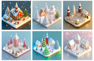 A set of AI generated isometric Christmas villages in a winter wonderland. Concept of Xmas, winter season and holiday.