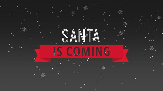Santa Is Coming with fall snowflakes and red ribbon in sky, motion holidays and retro style background for New Year and Merry Christmas