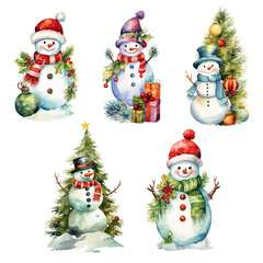 Watercolor happy snowman icon design elements with christmas tree and gifts