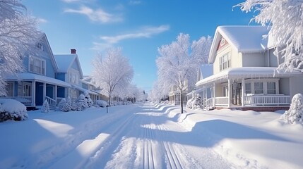 Row of the snowbound houses, homes with the sidewalk on empty street in cold, chilly and frosty winter time covered with snow. Nice and comfortable neighborhood, community in winter time. 8k,