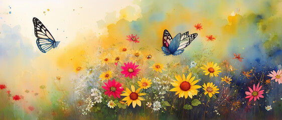 Watercolor illustration of butterflies fluttering over wild flowers in spring, Generative AI.