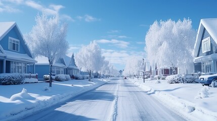 Row of the snowbound houses, homes with the sidewalk on empty street in cold, chilly and frosty...