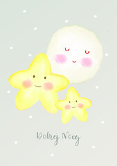 Kartka lub baner z życzeniami dobrej nocy w kolorze szarym z dwiema żółtymi gwiazdami powyżej i białym księżycem dla dzieci na szarym tle w białe kropki
