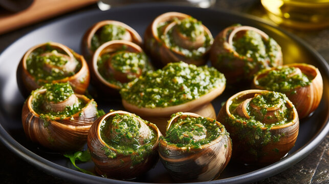 escargots, snails with garlic butter Generative AI