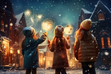 Magical winter background with children celebrating Christmas. Fairytale abstract illustration style. Holiday celebration concept. - obrazy, fototapety, plakaty