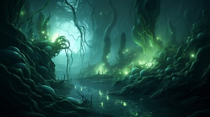 A sprawling matrix of bioluminescent tendrils emerging from a subterranean source, gracefully weaving through an atmosphere of dense mist and luminescent spores.