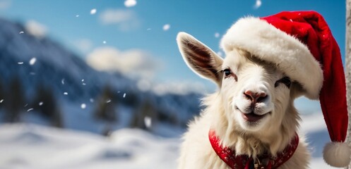 Illustration of a happy cute white sheep wearing a red Santa Claus hat and scarf posing on a winter  snowy background. Xmas 2023. Conceptual digital painting illustration. Generative AI
