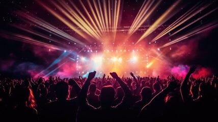 Fototapeta na wymiar silhouette of concert crowd in front of bright stage lights. Dark background, smoke, concert spotlights