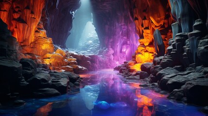 A subterranean cavern illuminated solely by radiant gemstones embedded in the rock formations, each emitting a different spectral hue.