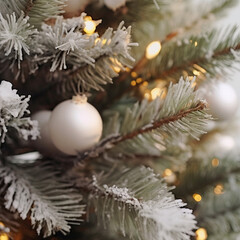 Obraz na płótnie Canvas Flocked Snowy White Christmas Tree with Twinkling White Lights Close Up Shot Holiday Background 