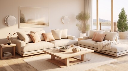 Scandinavian interior design living room with beige colored furniture and wooden elements 8k,