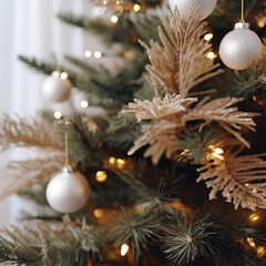 Obraz na płótnie Canvas Boho Styled Christmas Tree Background with Twinkling Lights and Ornaments