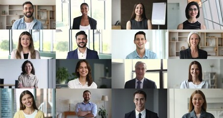Head shot portrait lot of businesspeople, professionals, successful businessmen and businesswomen smile look at camera pose indoor. Success, achievement, collage of different age and ethnicity people - Powered by Adobe