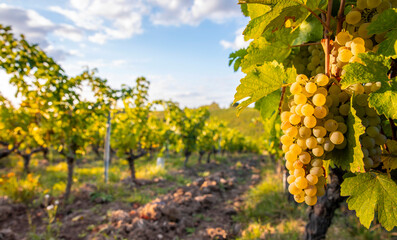Grappe de raisin blanc en automne dans les vigne pendant les vendanges.