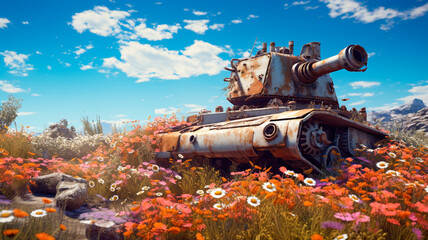 a blown-up rusty tank in a field of flowers and blue skies. Generative AI